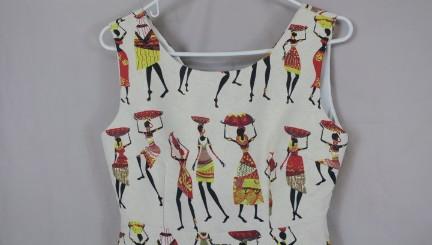 Oserjep African Woman Print Fitted Flare Mid Length Tea Dress scoop neck