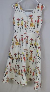 Oserjep African Woman Print Fitted Flare Mid Length Tea Dress scoop neck