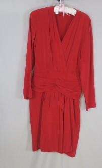 Red Silk 80's/90's dress drop ruched waist V-neck wrap long sleeve