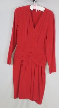 Red Silk 80's/90's dress drop ruched waist V-neck wrap long sleeve