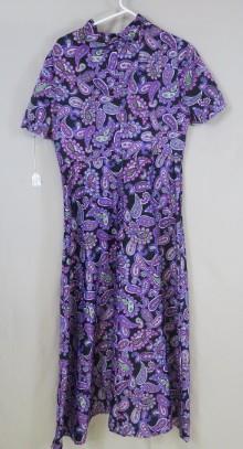 Purple Paisley Print Long Dress High Neck Short Sleeve , possibly handmade
