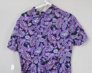 Purple Paisley Print Long Dress High Neck Short Sleeve , possibly handmade