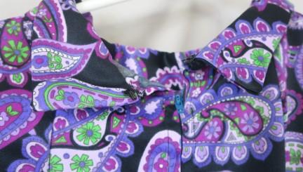 Purple Paisley Print Long Dress High Neck Short Sleeve , possibly handmade