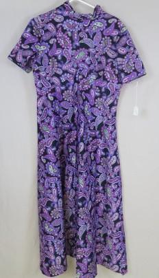 Purple Paisley Print Long Dress High Neck Short Sleeve , possibly handmade
