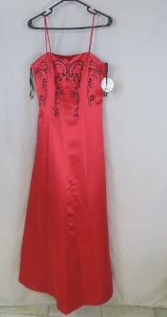 NWT Red Satin Ballgown, spaghetti strap dress, red sparkle gem embellishment detail, some light removable discoloration at bottom-pictured