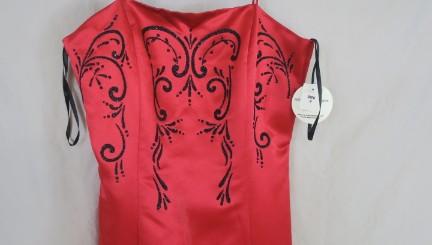 NWT Red Satin Ballgown, spaghetti strap dress, red sparkle gem embellishment detail, some light removable discoloration at bottom-pictured