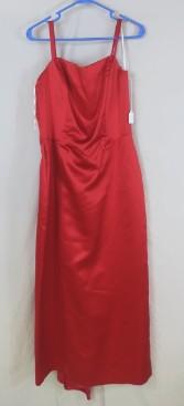 Red Satin Square neck, long gown dress with button up back, Large