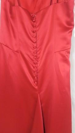 Red Satin Square neck, long gown dress with button up back, Large