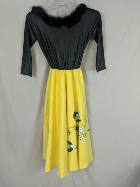 Satin Sock Hop Poodle Dress Rock N Roll Record Pattern, Yellow/Black Feather neck, halloween costume 50's/60's