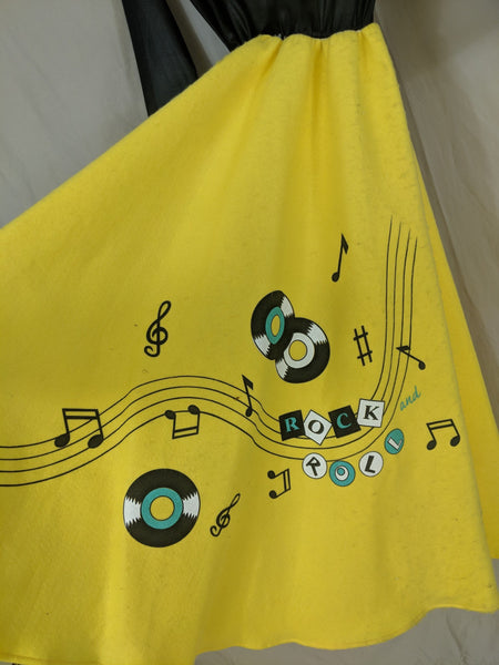 Satin Sock Hop Poodle Dress Rock N Roll Record Pattern, Yellow/Black Feather neck, halloween costume 50's/60's