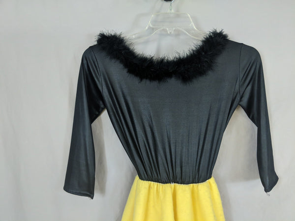 Satin Sock Hop Poodle Dress Rock N Roll Record Pattern, Yellow/Black Feather neck, halloween costume 50's/60's