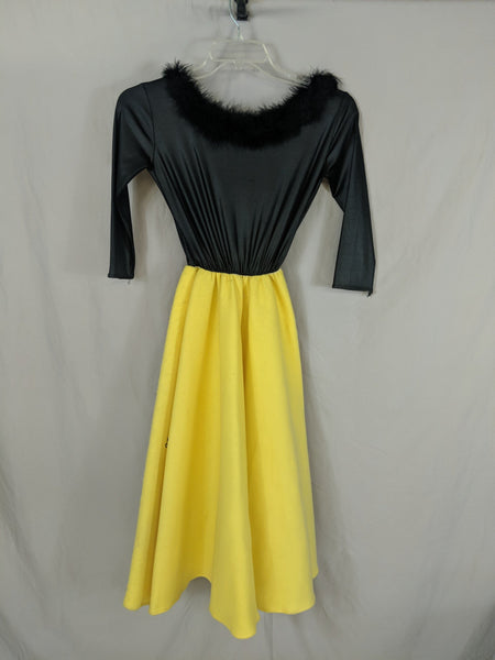 Satin Sock Hop Poodle Dress Rock N Roll Record Pattern, Yellow/Black Feather neck, halloween costume 50's/60's