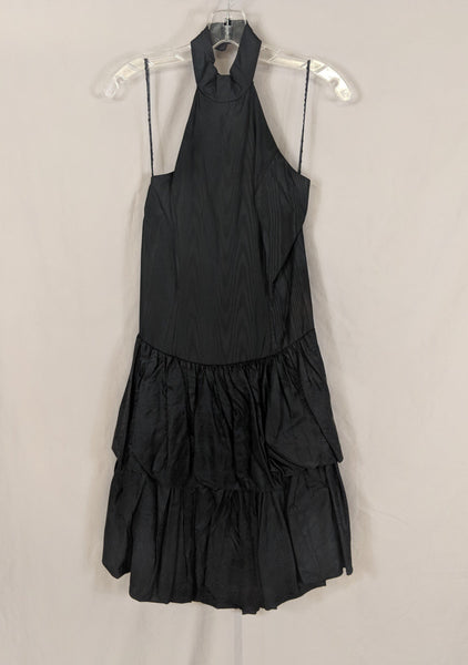Vinate positively ellyn Puffy Black Halter Dress Satin Taffeta Tiered Ruffles 80's Size 4