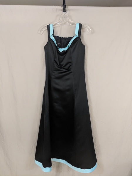 Vinatge Jessica McClintock for Gunne Sax Black Satin Square Neck 90's prom, light blue trim bow accent size 7/8