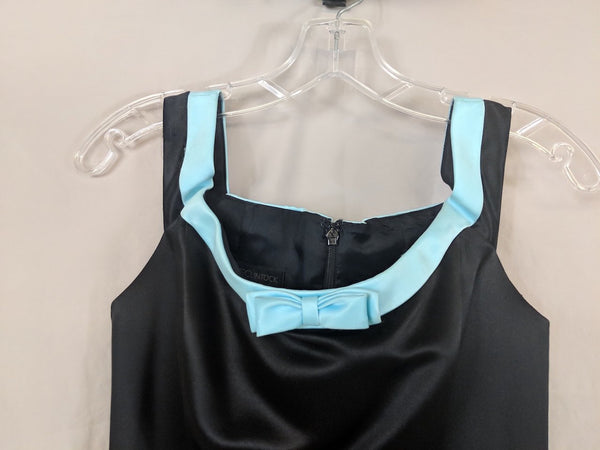 Vinatge Jessica McClintock for Gunne Sax Black Satin Square Neck 90's prom, light blue trim bow accent size 7/8