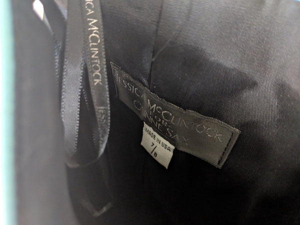 Vinatge Jessica McClintock for Gunne Sax Black Satin Square Neck 90's prom, light blue trim bow accent size 7/8
