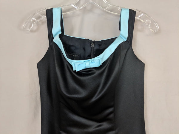 Vinatge Jessica McClintock for Gunne Sax Black Satin Square Neck 90's prom, light blue trim bow accent size 7/8