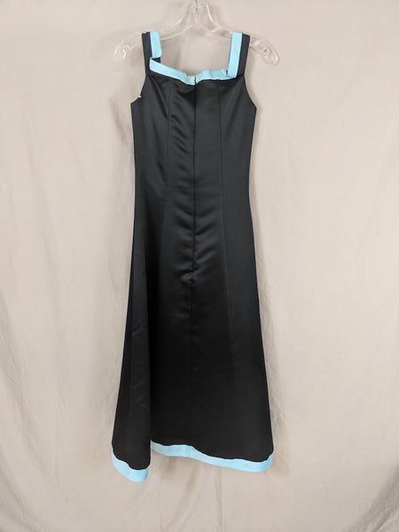 Vinatge Jessica McClintock for Gunne Sax Black Satin Square Neck 90's prom, light blue trim bow accent size 7/8