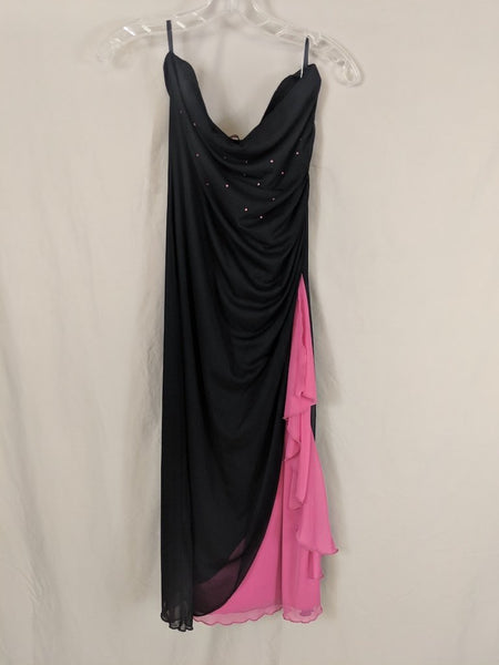 Sfuzi vintage strapless 90's prom dress black/pink with rhinestone detail and peekaboo slit