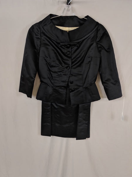 Vintage Black Satin 2-piece 50's knee-length skirt and coat set, wide neck, bow detail, lined-Jackie O Look