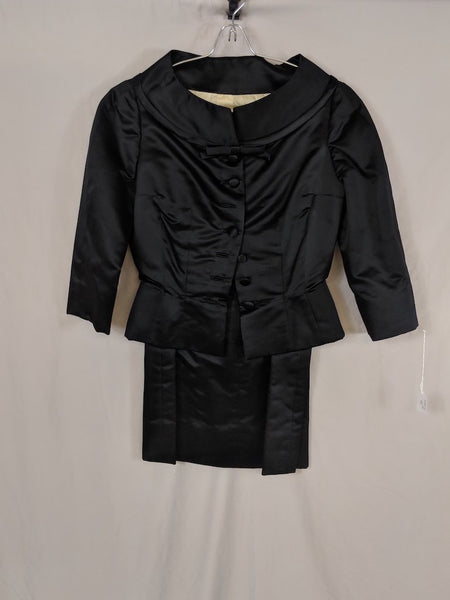 Vintage Black Satin 2-piece 50's knee-length skirt and coat set, wide neck, bow detail, lined-Jackie O Look