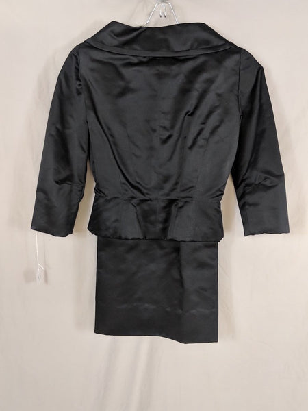 Vintage Black Satin 2-piece 50's knee-length skirt and coat set, wide neck, bow detail, lined-Jackie O Look