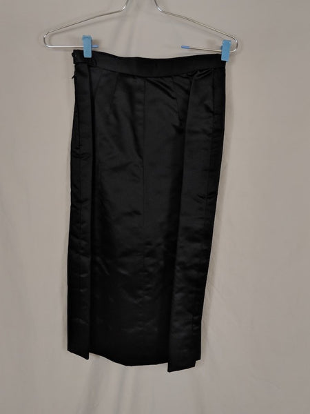 Vintage Black Satin 2-piece 50's knee-length skirt and coat set, wide neck, bow detail, lined-Jackie O Look