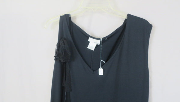 Vintage black Hennes drop waist cocktail dress sleevless, v-neck, ruffled lace hem--Large