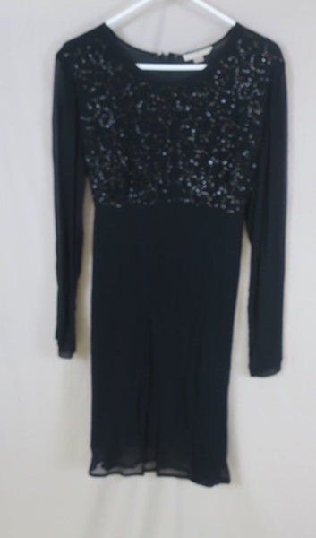 Vintage Karavan black empire waist black sequin dress, knee length, longsleeve-sheer-medium