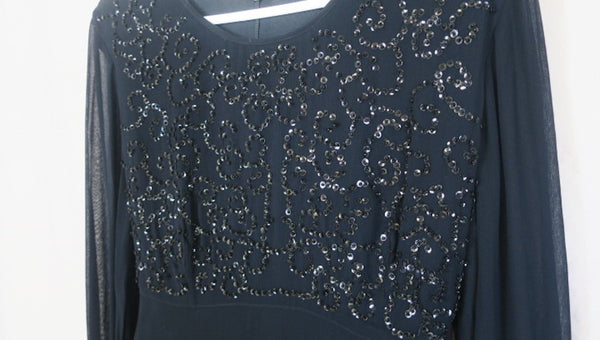 Vintage Karavan black empire waist black sequin dress, knee length, longsleeve-sheer-medium