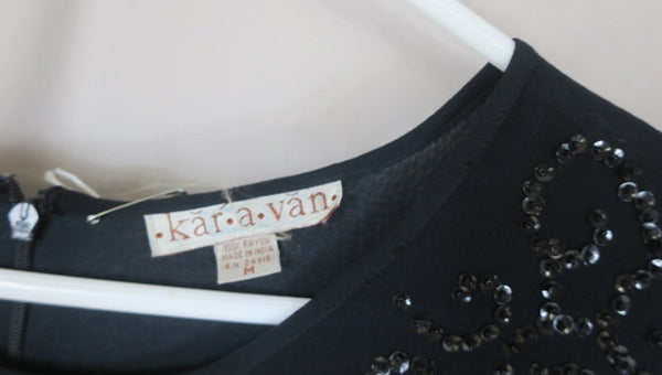 Vintage Karavan black empire waist black sequin dress, knee length, longsleeve-sheer-medium