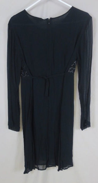 Vintage Karavan black empire waist black sequin dress, knee length, longsleeve-sheer-medium