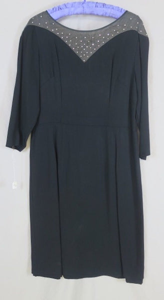 Vintage 50's/60's handmade longsleeve black V Accent dress, rhinestones