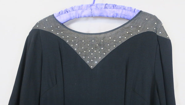 Vintage 50's/60's handmade longsleeve black V Accent dress, rhinestones