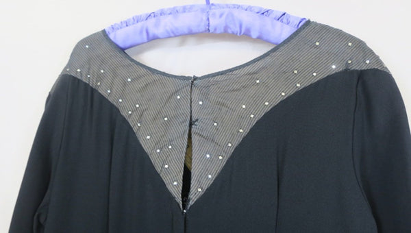 Vintage 50's/60's handmade longsleeve black V Accent dress, rhinestones