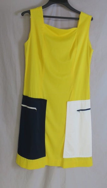 Vintage 60's Sacony Ciella Mod Sleeveless Square Neck Shift Dress, Yellow with White & Blue Zippered Pockets