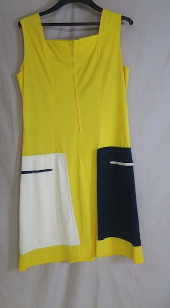 Vintage 60's Sacony Ciella Mod Sleeveless Square Neck Shift Dress, Yellow with White & Blue Zippered Pockets