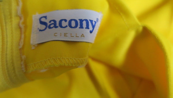 Vintage 60's Sacony Ciella Mod Sleeveless Square Neck Shift Dress, Yellow with White & Blue Zippered Pockets