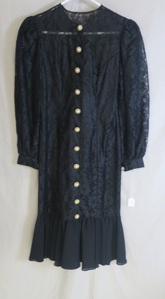 Vintage 80's Modest Longsleeve Lace Dress with Ruffle Flair & Gold/White Button detail