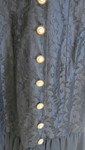 Vintage 80's Modest Longsleeve Lace Dress with Ruffle Flair & Gold/White Button detail