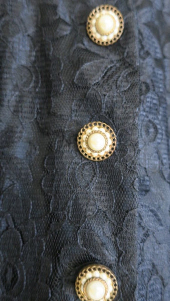 Vintage 80's Modest Longsleeve Lace Dress with Ruffle Flair & Gold/White Button detail