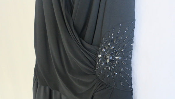 Vintage Jessica Howard Black Long Velvet Dress, Asymentrical Hem with Ruffle, Sleeveless, SZ 10