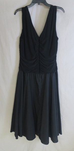 Vintage Jessica Howard Black Long Velvet Dress, Asymentrical Hem with Ruffle, Sleeveless, SZ 10