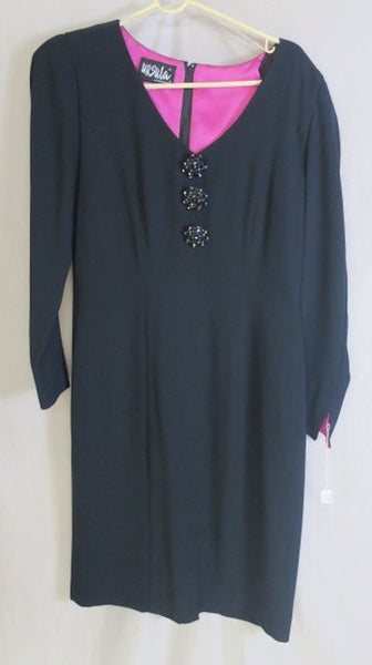 Ursula of Switzerland Black V-neck Rhinestone Dress, longsleeve- size 8, pink lining