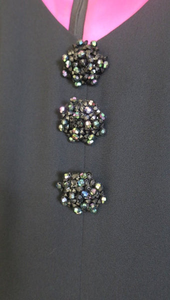 Ursula of Switzerland Black V-neck Rhinestone Dress, longsleeve- size 8, pink lining