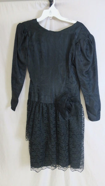 Vintage Black longsleeve 80's cocktail prom dress with layered lace skirt, rosette accent