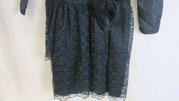 Vintage Black longsleeve 80's cocktail prom dress with layered lace skirt, rosette accent