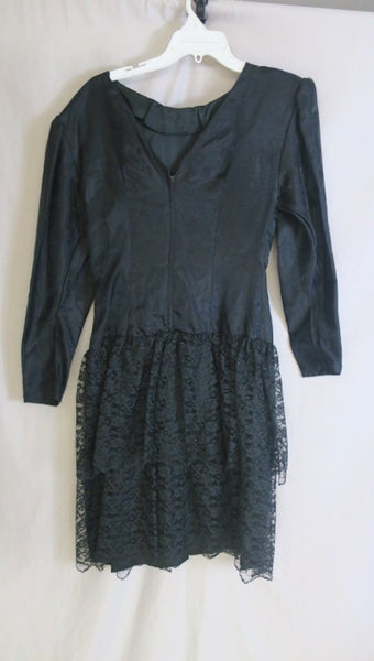 Vintage Black longsleeve 80's cocktail prom dress with layered lace skirt, rosette accent