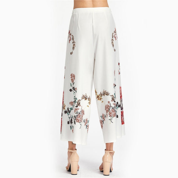 Botanical Print Zip Side Wide Leg Pants
