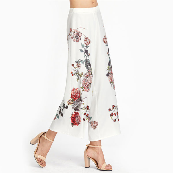 Botanical Print Zip Side Wide Leg Pants